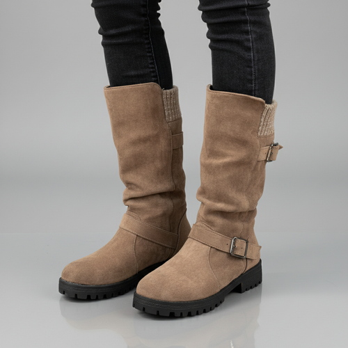 Women's Ankle Boots with Knit Cuff and Buckle Detail - Brown