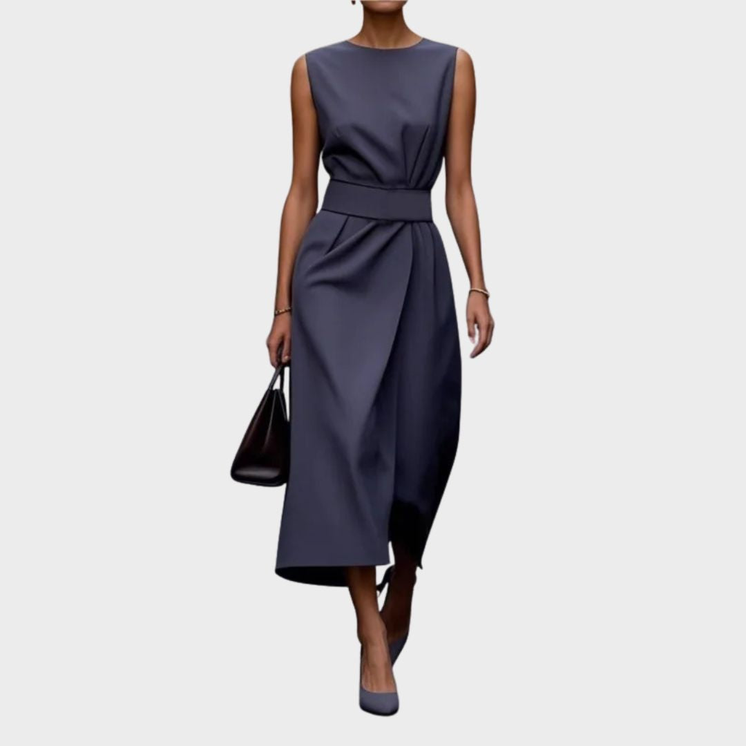 Women's Sleeveless Round Neck Dress with Waist Pleats and Side Slit - 8
