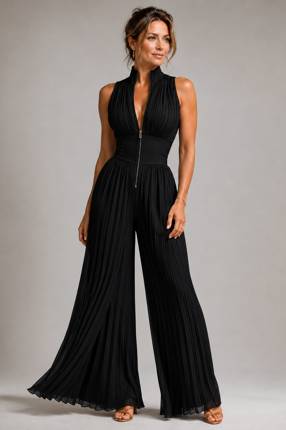 Women's Pleated Jumpsuit Sleeveless with Plunge Neckline and Wide Leg - Black