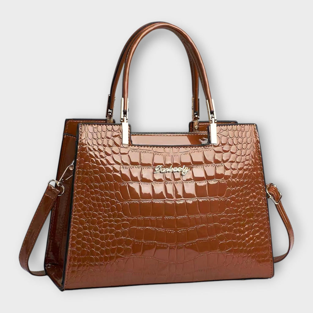 Women's Structured Handbag with Croc-Effect Panelling - Brown