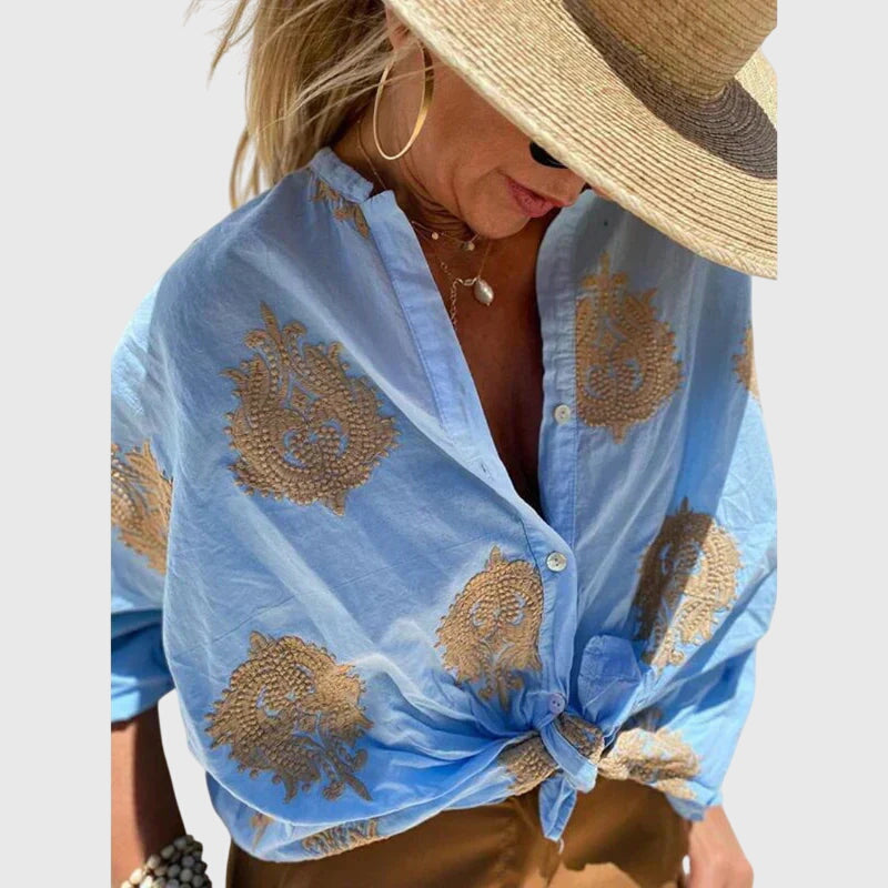 Women's Blouse Long Sleeve with Button Front and Printed Design - Blue