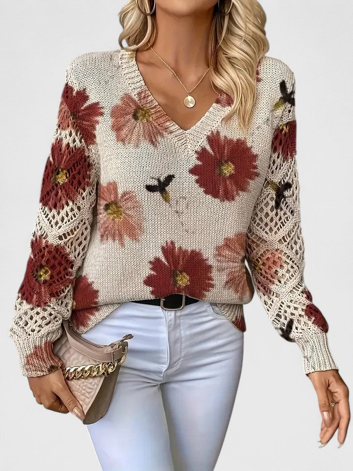 Women's Cardigan Floral Print with Lattice Sleeves and V-Neck - Red