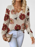 Women's Cardigan Floral Print with Lattice Sleeves and V-Neck - Red