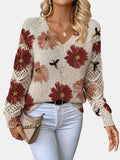 Women's Jumper V-Neck Floral Print with Crochet Sleeves - Red
