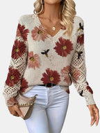 Women's Jumper V-Neck Floral Print with Crochet Sleeves - Red