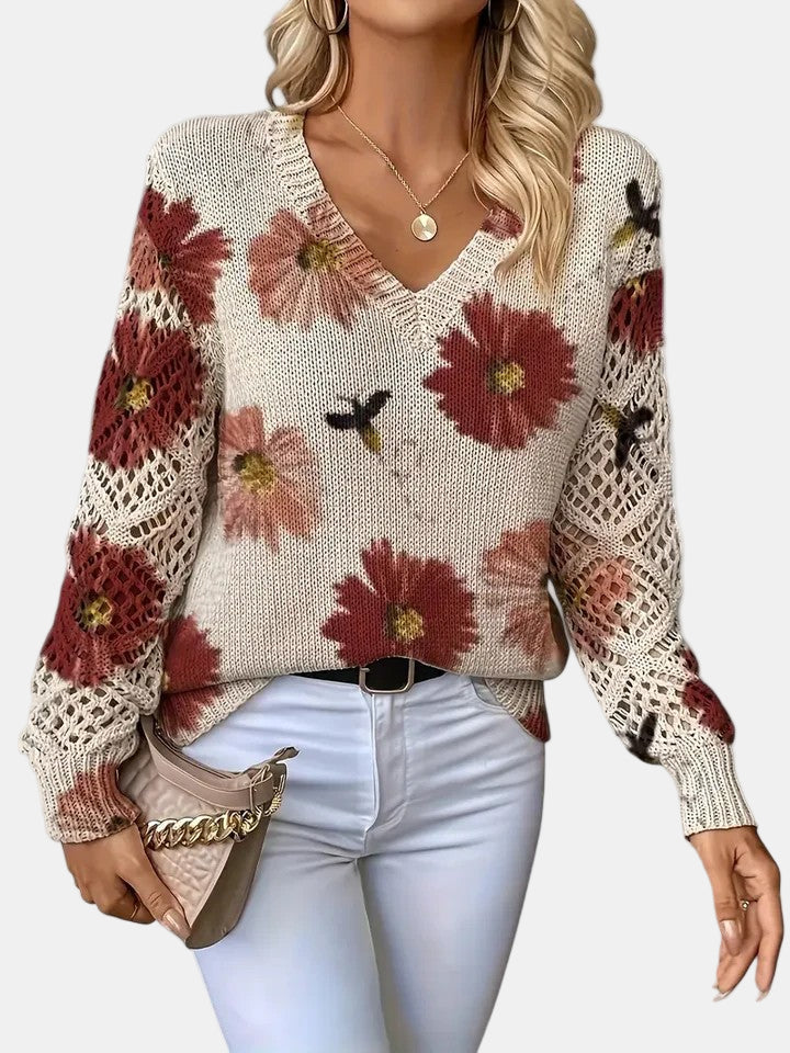 Women's Jumper V-Neck Floral Print with Crochet Sleeves - Red