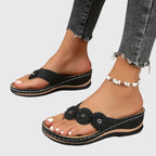 Women's Toe-Post Wedge Sandals with Floral Trim - Black