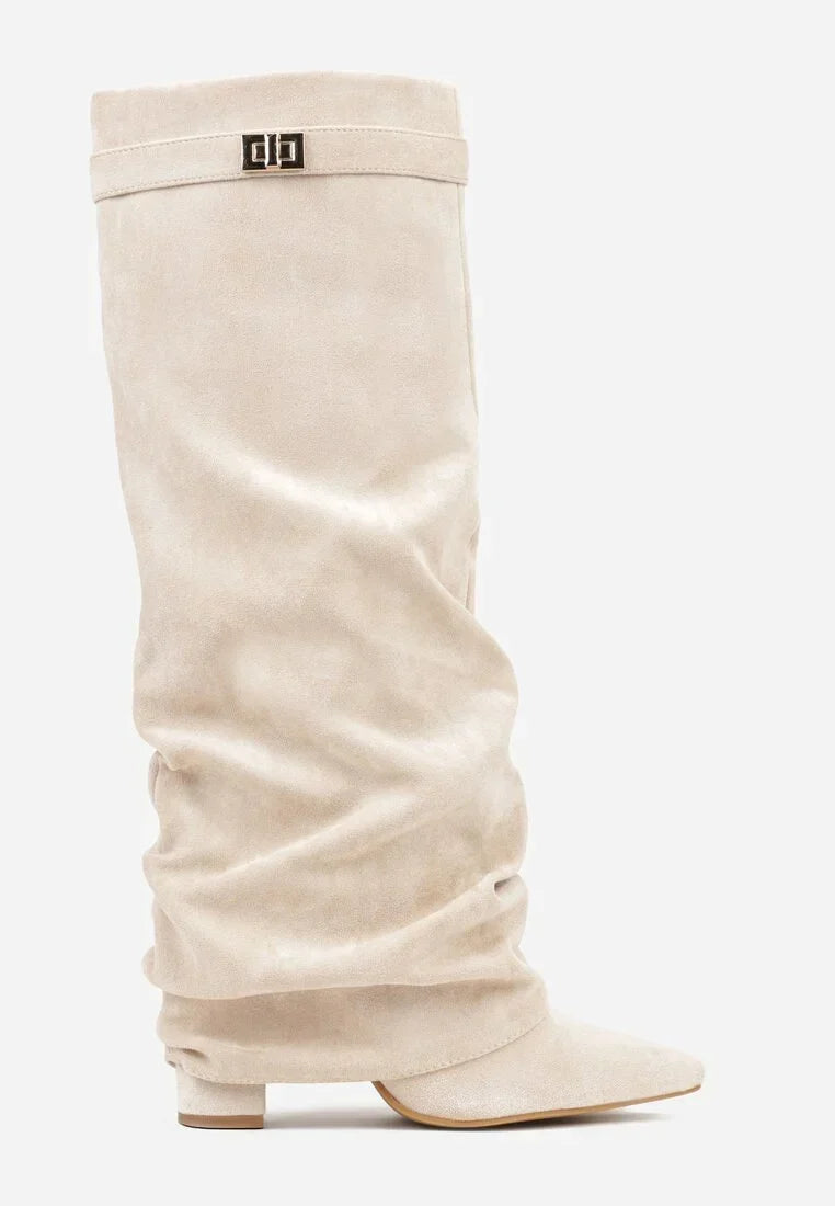 Women's Slouch Boots with Pointed Toe and Low Heel - Off White