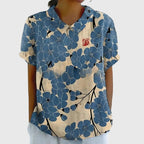 Women's Floral Blouse Short Sleeve with V-Neck and Relaxed Fit - Blue Flowers