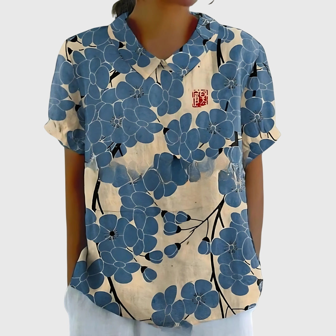 Women's Floral Blouse Short Sleeve with V-Neck and Relaxed Fit - Blue Flowers