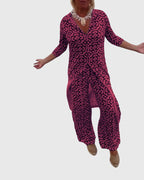 Women's Two-Piece Set Printed Longline Shirt with Wide-Leg Trousers - 10