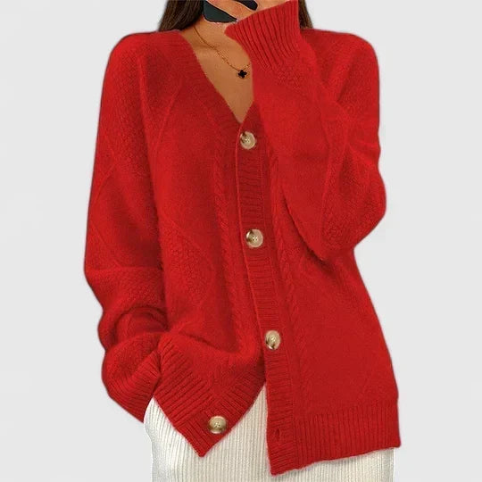 Women's Cardigan with V-Neck and Button Fastening - Red