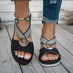 Women's Sandals with Elastic Straps and Wedge Sole - Black