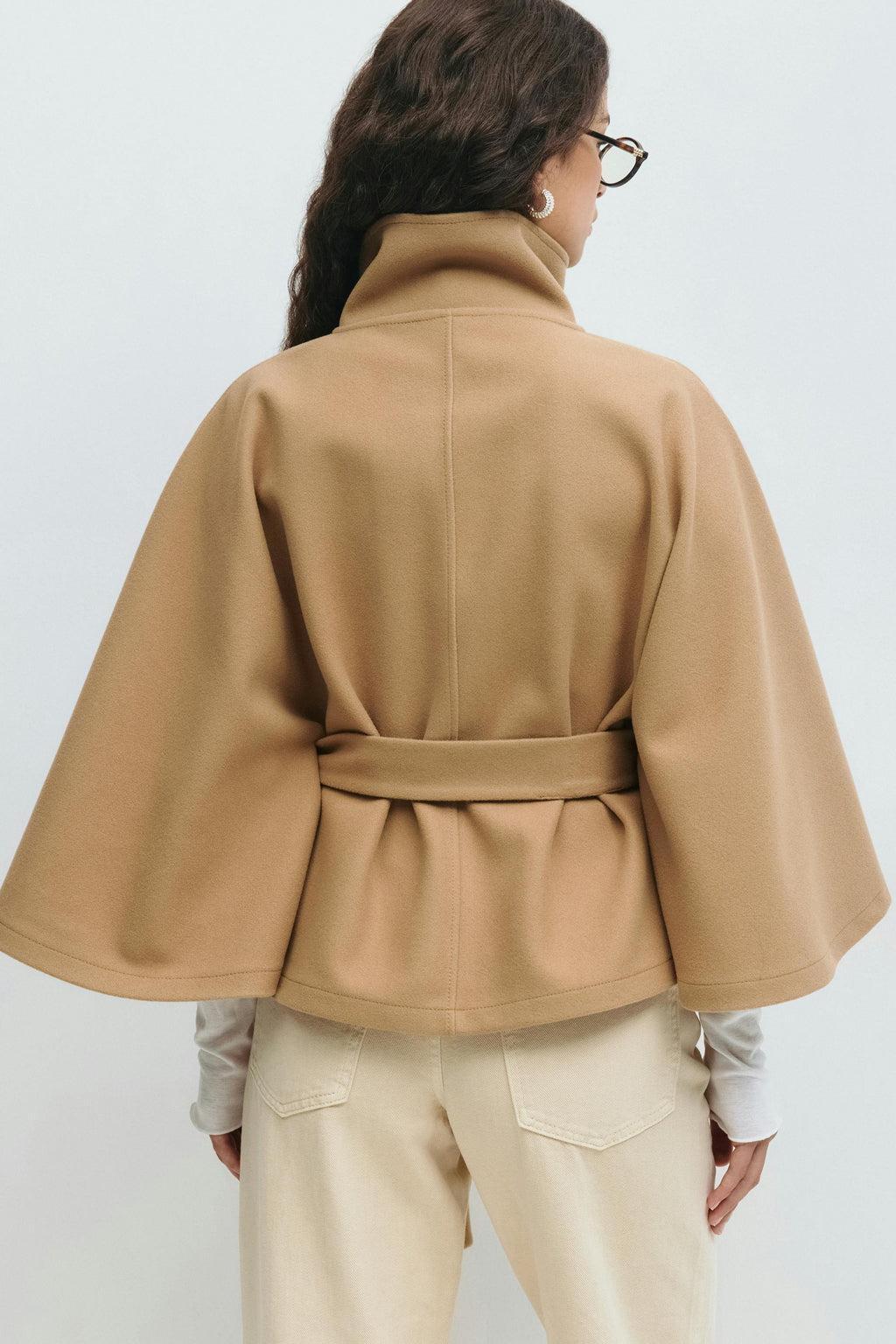 Women's Cape Coat with High Collar and Bow Belt - 9