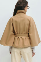 Women's Cape Coat with High Collar and Bow Belt - 9