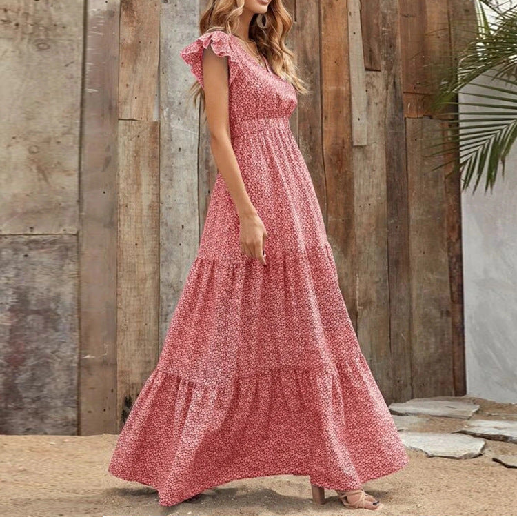 Women's Floral Print Maxi Dress with V-Neck and Ruffle Sleeves - 4