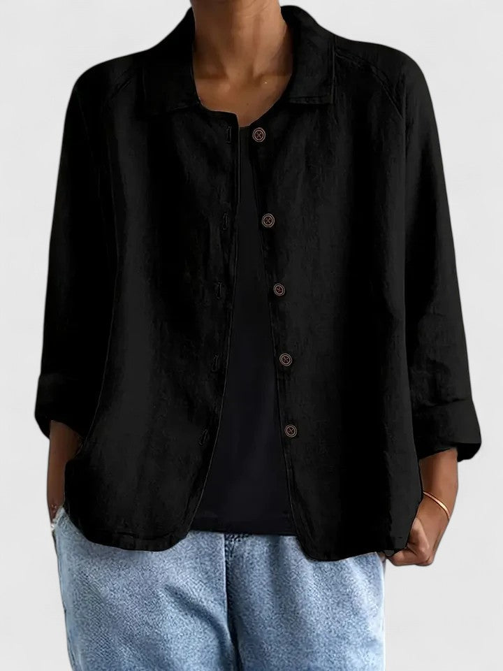 Women's Button-Up Top with Collar and Long Sleeves - Black