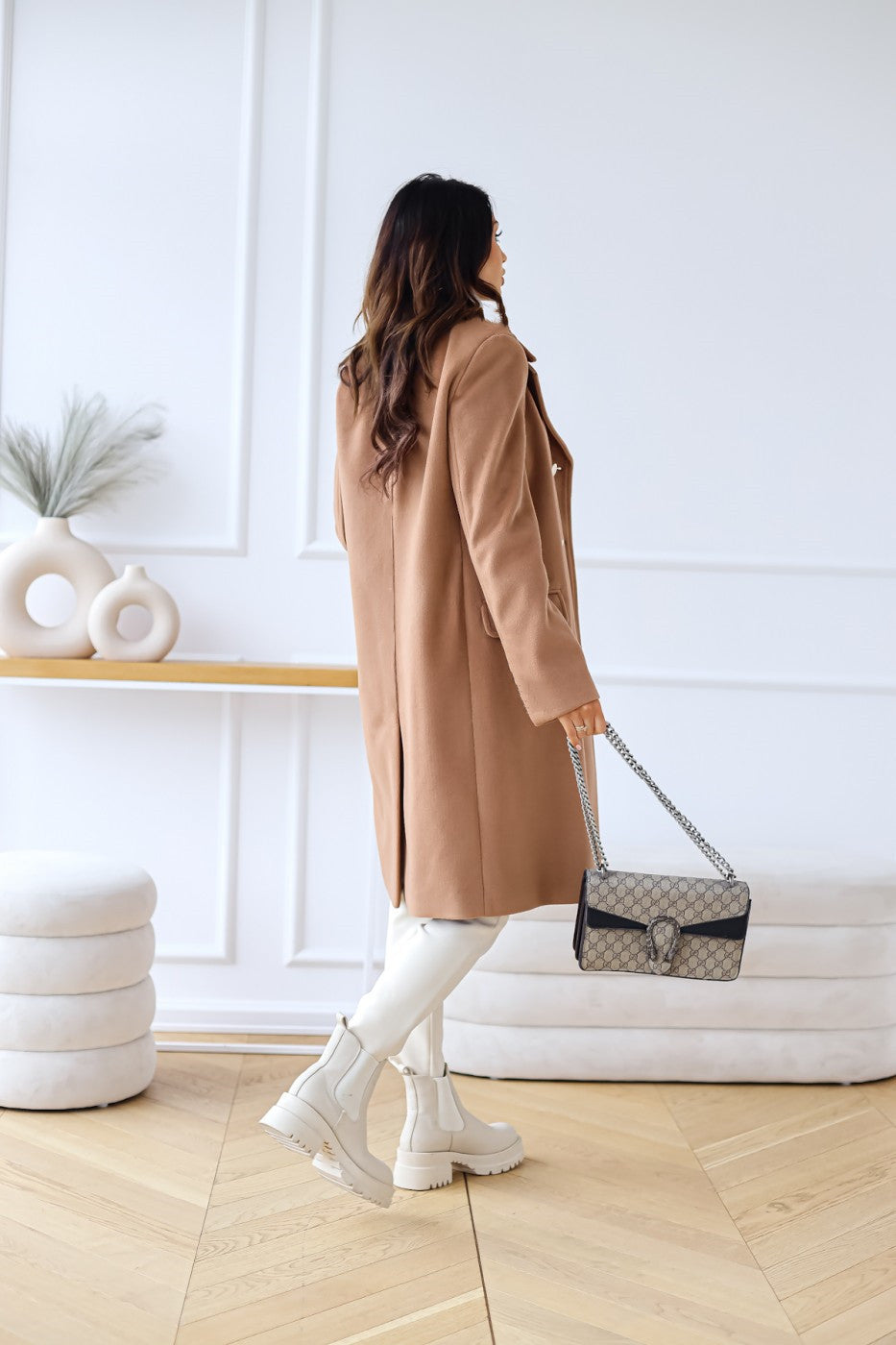 Women's Double-Breasted Wool Coat Gold Button Detail - 14