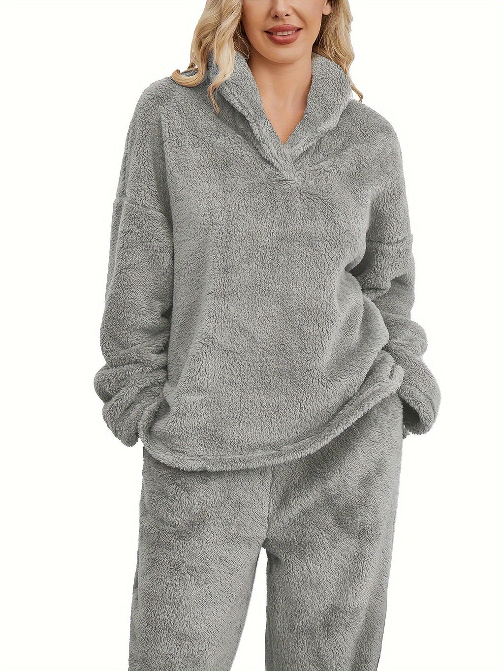 Women's Fleece Loungewear Set Shawl Collar Hoodie Trousers - 7