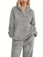 Women's Fleece Loungewear Set Shawl Collar Hoodie Trousers - 7