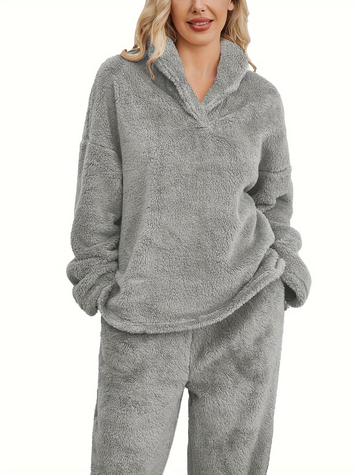 Women's Fleece Loungewear Set Shawl Collar Hoodie Trousers - 7
