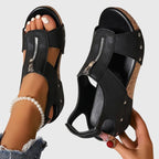 Women's Wedge Sandals with Front Zip and Studded Straps - Black