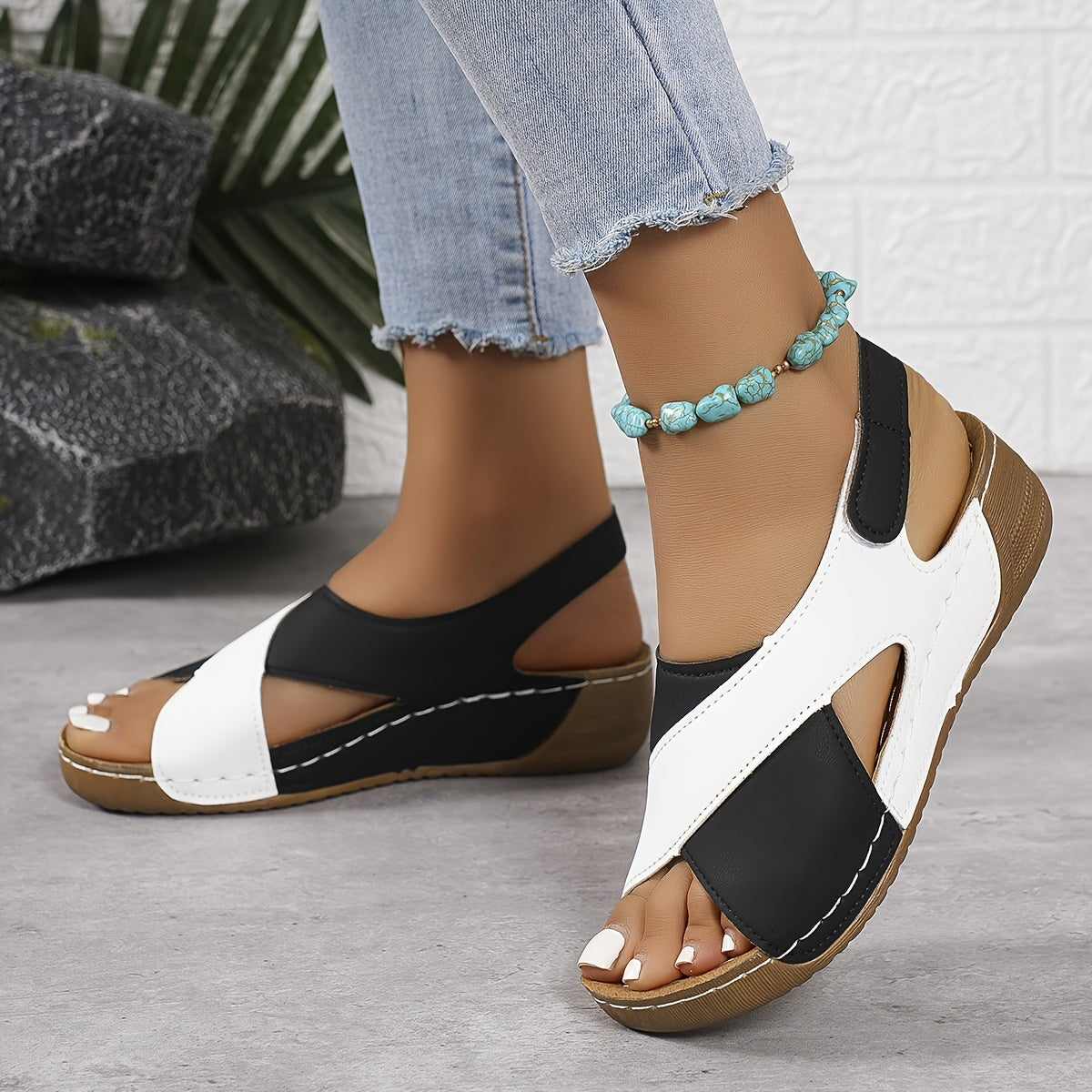 Women's Sandals with Cross-Strap Wedge and Touch-Fasten Strap - Black
