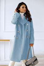 Women's Double-Breasted Wool Coat Gold Button Detail - Blue