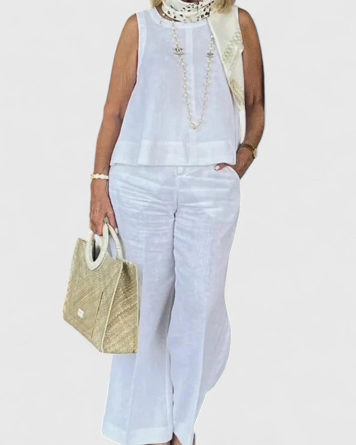 Women's Two-Piece Set Sleeveless Top with Wide-Leg Trousers - White