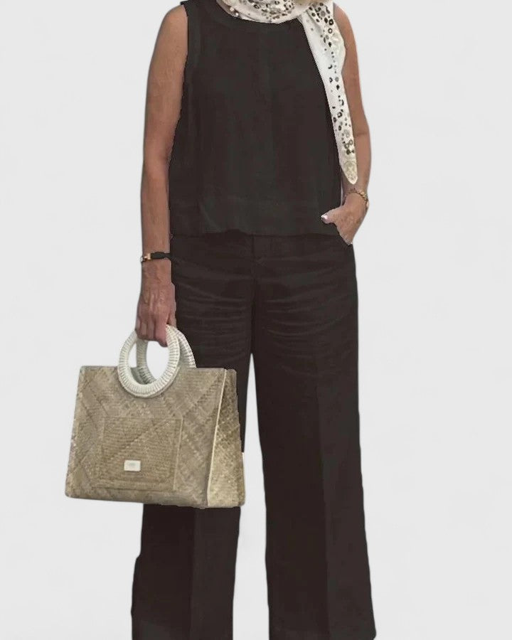 Women's Two-Piece Set Sleeveless Top with Wide-Leg Trousers - Black