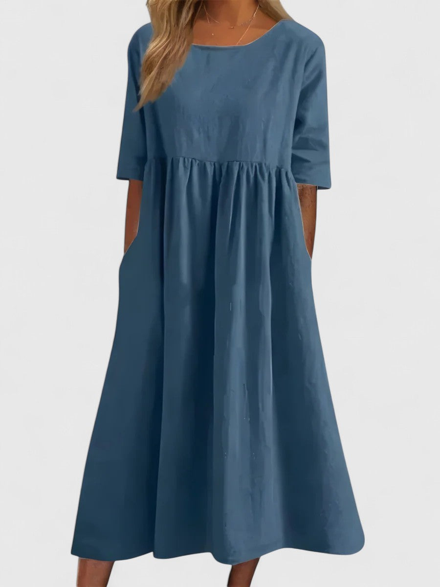 Women's Midi Dress with Round Neckline and Side Pockets - Blue