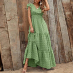 Women's Floral Print Maxi Dress with V-Neck and Ruffle Sleeves - Green