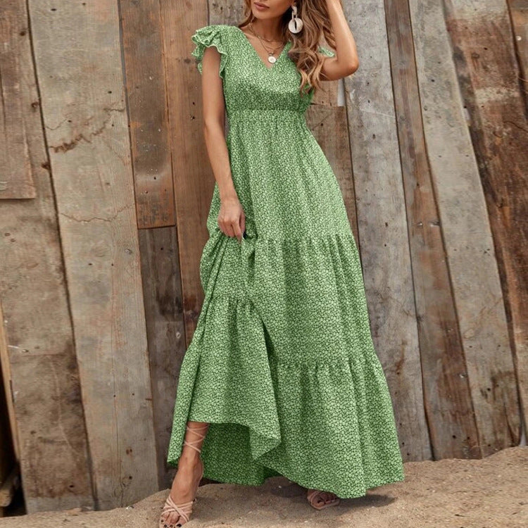 Women's Floral Print Maxi Dress with V-Neck and Ruffle Sleeves - Green