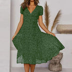 Women's A-Line Dress with V-Neck and Floaty Skirt - Green