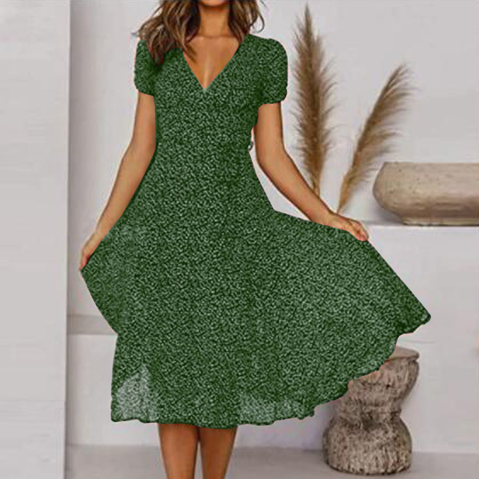 Women's A-Line Dress with V-Neck and Floaty Skirt - Green