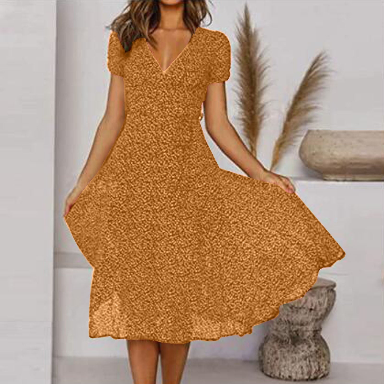 Women's A-Line Dress with V-Neck and Floaty Skirt - Yellow
