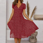 Women's A-Line Dress with V-Neck and Floaty Skirt - Burgundy