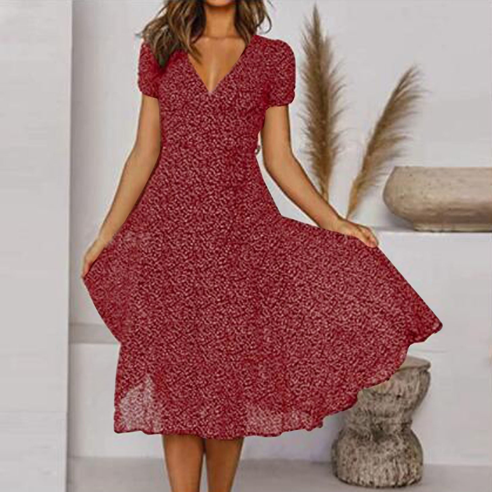 Women's A-Line Dress with V-Neck and Floaty Skirt - Burgundy