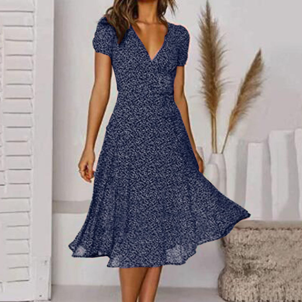 Women's A-Line Dress with V-Neck and Floaty Skirt - Navy Blue