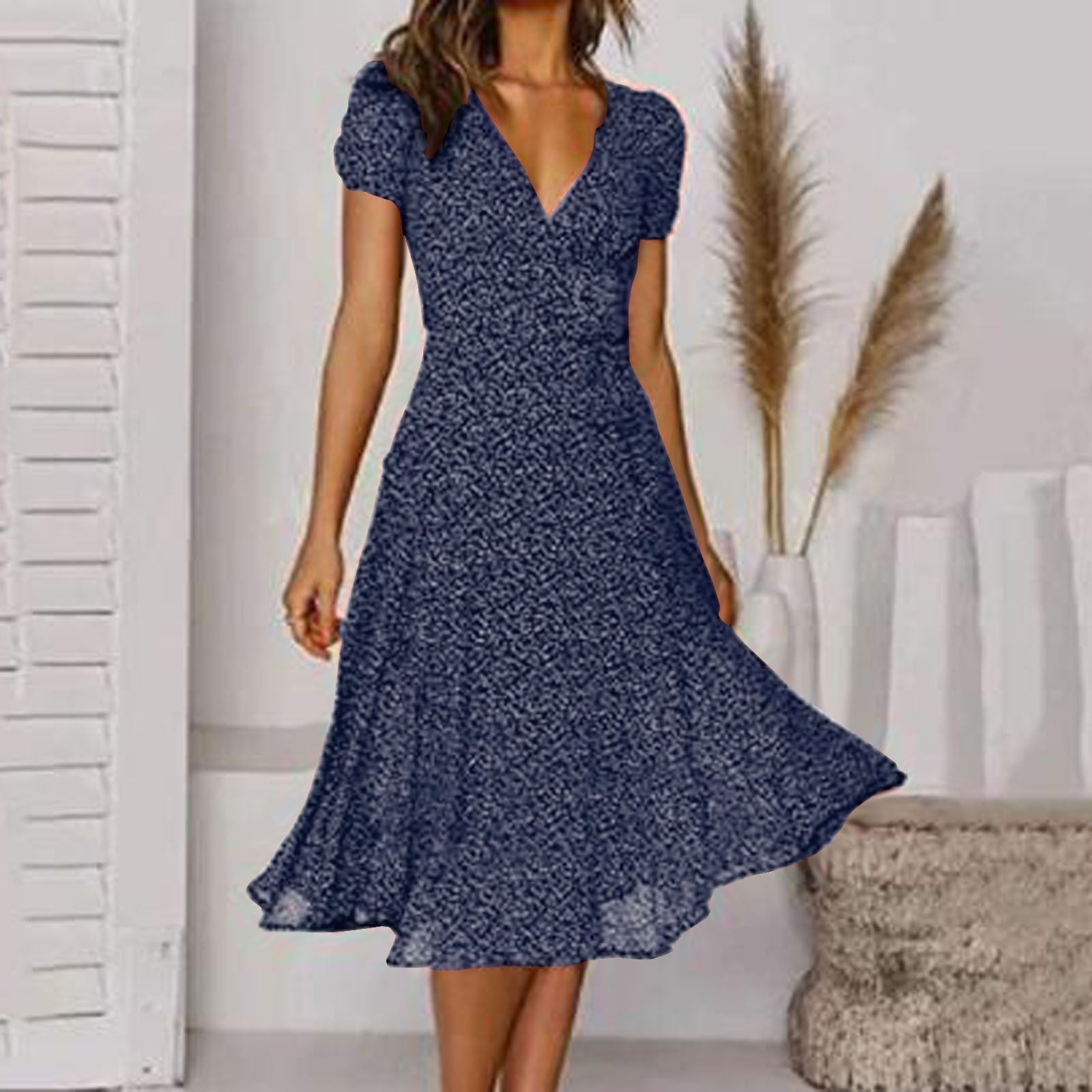 Women's A-Line Dress with V-Neck and Floaty Skirt - Navy Blue