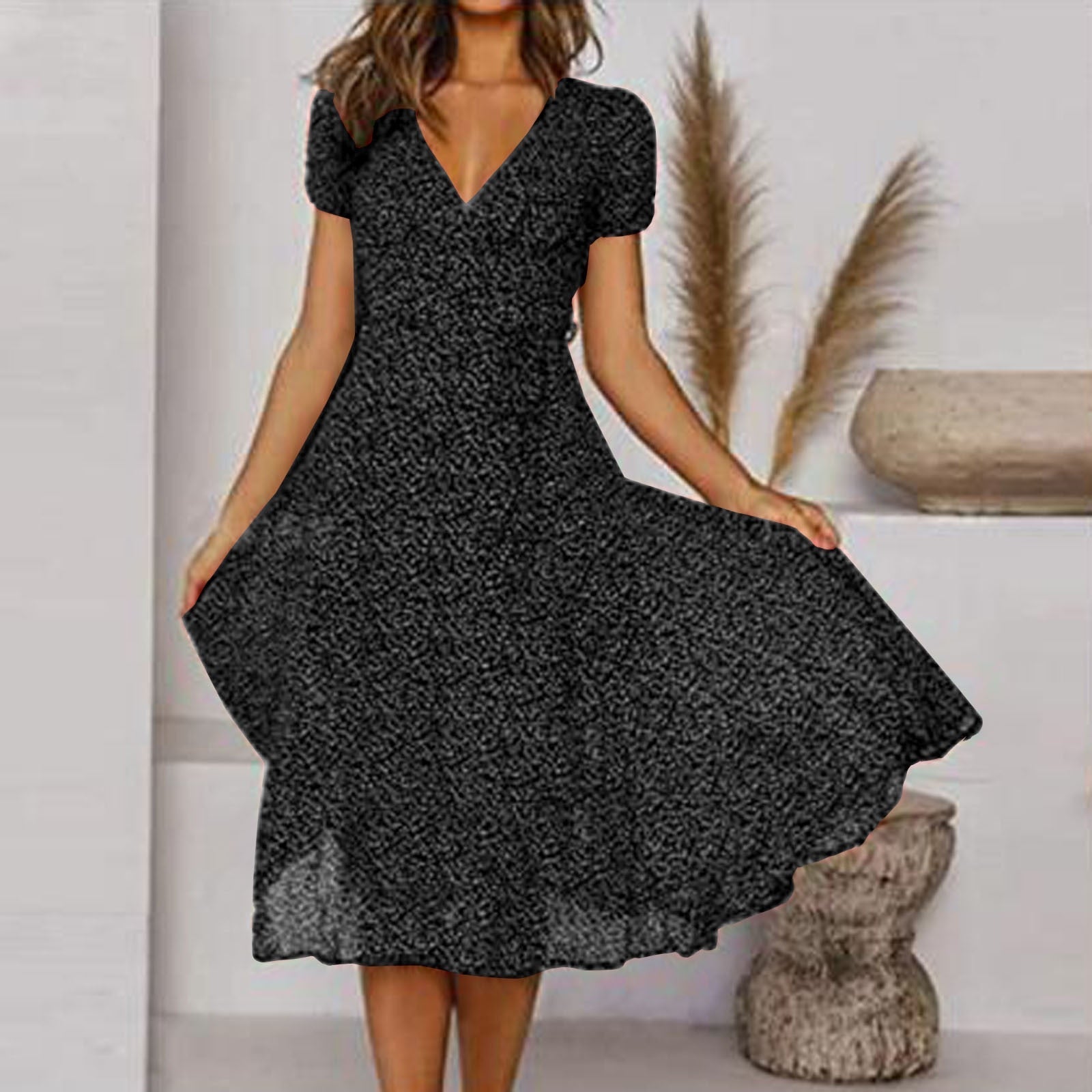 Women's A-Line Dress with V-Neck and Floaty Skirt - Black