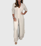 Women's Two-Piece Set with Long Blouse and Wide-Leg Trousers - Beige