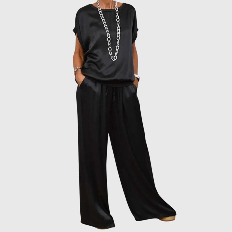Women's Two-Piece Set Loose Top with Wide-Leg Trousers - Black