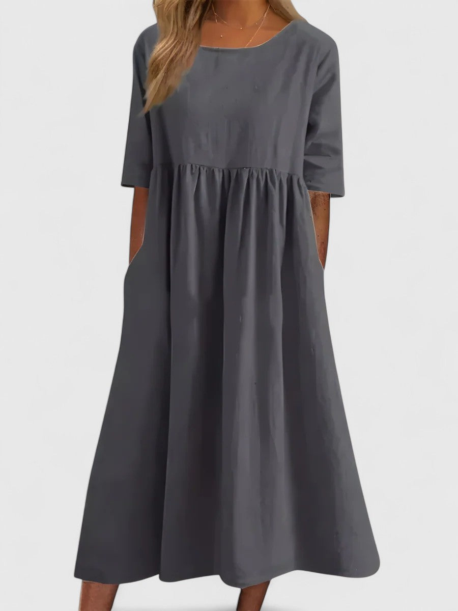 Women's Midi Dress with Round Neckline and Side Pockets - Grey