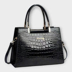 Women's Structured Handbag with Croc-Effect Panelling - Black