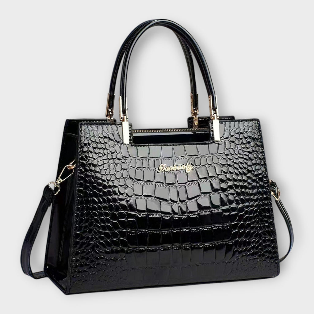 Women's Handbag with Glossy Crocodile-Effect Pattern - Black