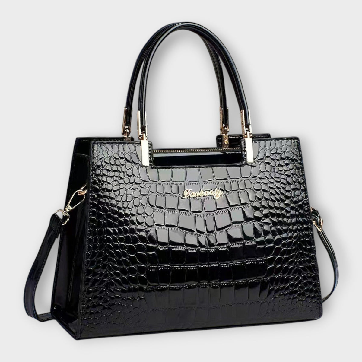 Women's Handbag with Glossy Crocodile-Effect Pattern - Black