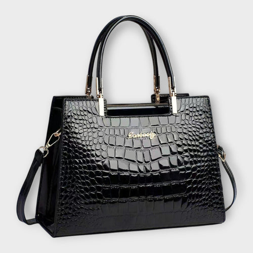 Women's Handbag with Glossy Crocodile-Effect Pattern - Black
