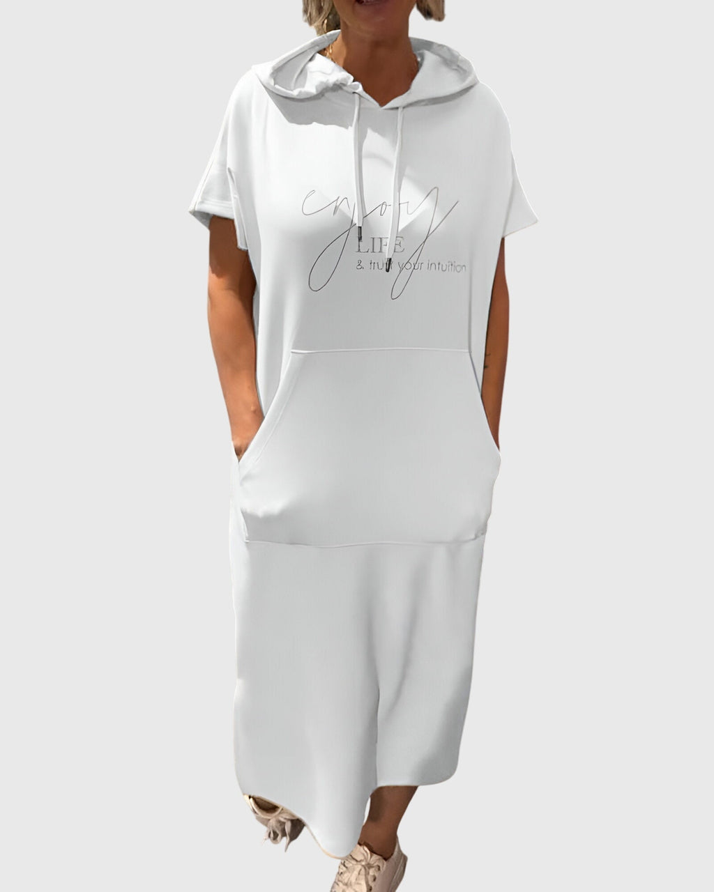 Women's Hooded Dress Short Sleeve with Kangaroo Pocket - 10