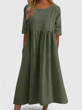 Women's Midi Dress with Round Neckline and Side Pockets - Green